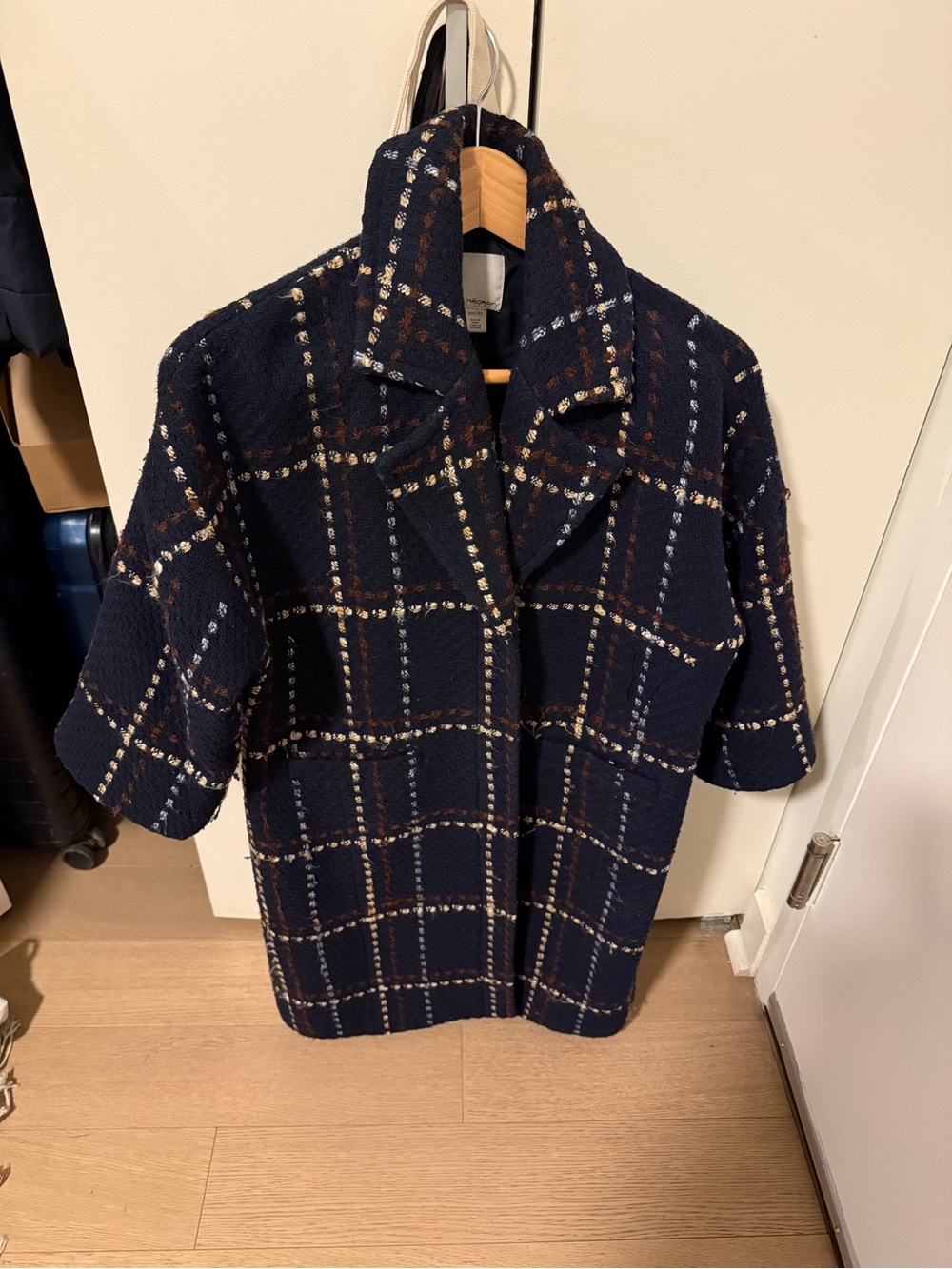 Nordstrom Navy Plaid Short-Sleeve Coat